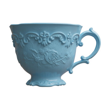 Old blue porcelain teacup with ornate flowers and curved handle, isolated on white transparent, 3d