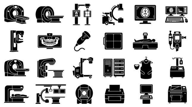 X-ray and radiology equipment vector icon set, medical imaging, CT scan, MRI, ultrasound, mammography, fluoroscopy, hospital and diagnostic symbols, black glyph icons