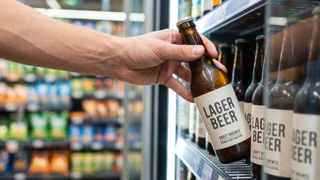 Close-up of a man's hand grabbing a glass bottle of lager beer from a supermarket refrigerator