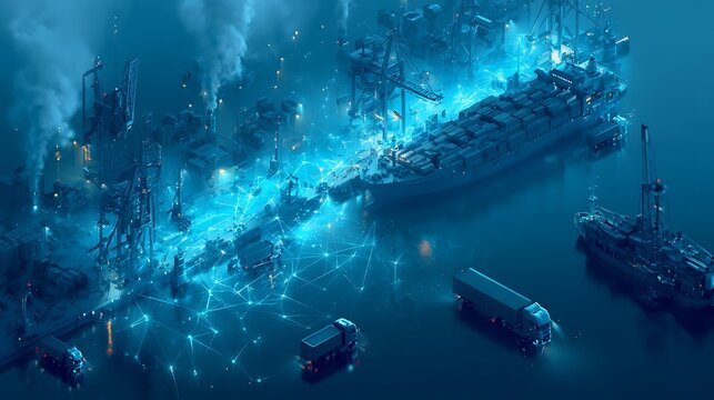 Blockchain-powered harbor traffic intelligence, live vessel congestion dashboard, glowing maritime network,