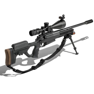 Modern bolt action sniper rifle with precision scope and bipod on a white background tactical precision shooting military equipment mechanism isolated protection security armament