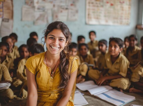 Young female teacher smiling happily with students in a rural indian classroom