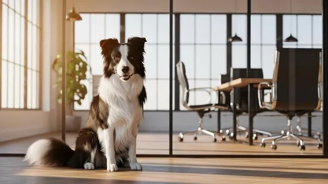 A happy border collie sitting on a wooden floor in a modern office interior