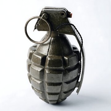 Classic metal hand grenade isolated on white background with military explosive tactical isolated background ammunition conflict hardware training simulation close-up security
