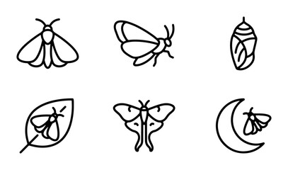 Minimalist Moth Icons, Insect Vector Set, Lunar Butterfly Graphics, Nature Element Collection, Simple Outline Art, Nocturnal Creature Symbols © siam