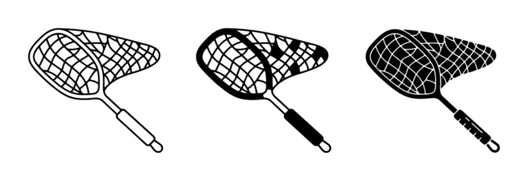 Collection of Three Butterfly Nets, Vector Icons for Insect Catching and Outdoor Activities, Simple Line Art and Silhouette Styles