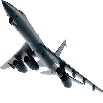 Modern long-range strategic bomber aircraft in flight isolated on white background with aircraft military aviation strategic warplane aerospace airforce technology transportation