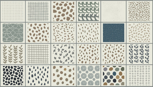 Diverse collection of twenty four hand drawn abstract seamless pattern tiles featuring dots, lines, and foliage.