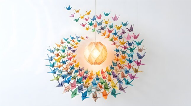 Many colorful paper origami cranes are arranged in a beautiful spiral formation around a glowing geometric paper pendant light fixture