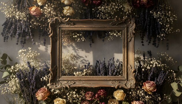 Vintage Photo Frame with Dried Flowers Background