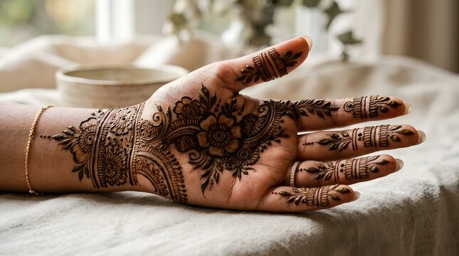 Intricate Henna Tattoo on Hand with Floral Design and Jewelry