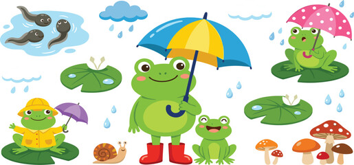 Fototapeta premium Cute frog character set with umbrellas rain boots tadpoles lily pads clouds and mushrooms