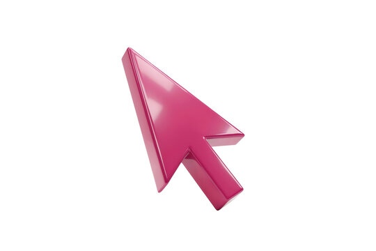 A glossy magenta computer mouse cursor arrow rendered in 3d, isolated on a white background, for digital interface, and web