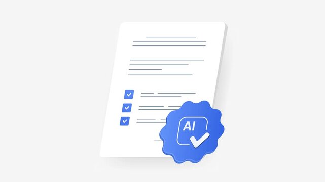 Artificial intelligence checking a document and adding a validation stamp with a checkmark, showcasing ai automated review, proofreading and quality control on a white background
