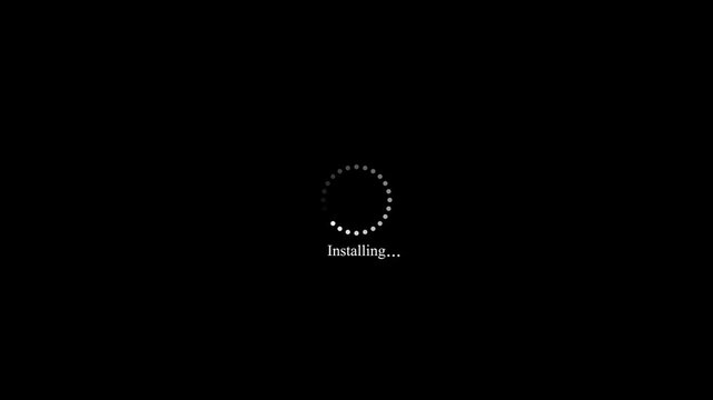Circular installing progress bar animation with loading dots on black background