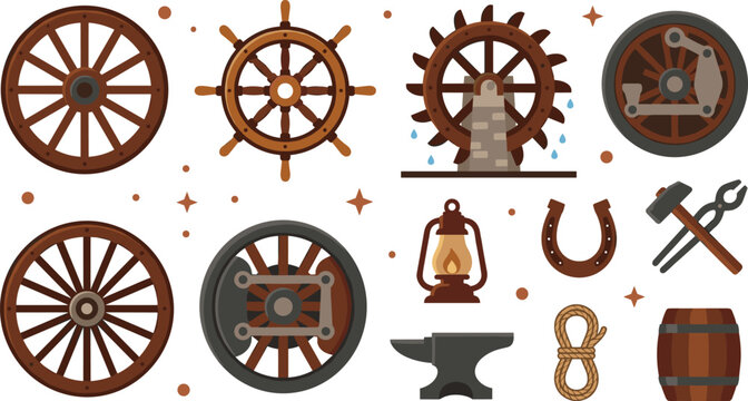 Western cowboy icon collection featuring wagon wheels, ship wheel, horseshoe, lantern, anvil, rope, barrel, and blacksmith tools flat vector illustration