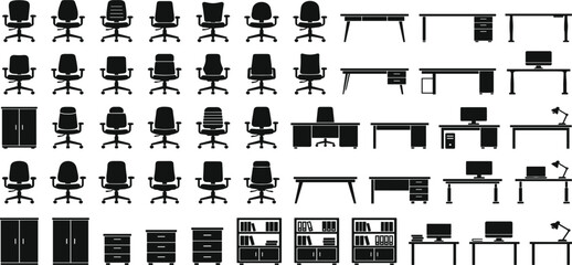 Office furniture vector silhouette set with ergonomic chairs desks cabinets bookshelves and computer tables © MdMejanur