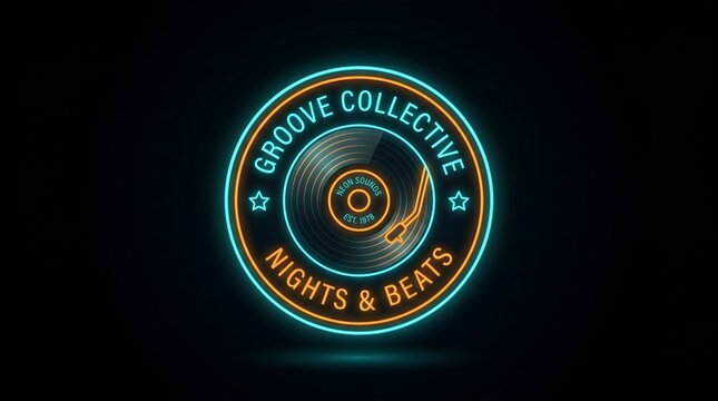 Retro neon vinyl record emblem, Groove Collective Nights and Beats circular logo, glowing music disc sign with turntable needle and stars