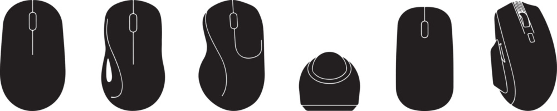 Six detailed black computer mouse icons featuring different shapes for modern software UI and design.
