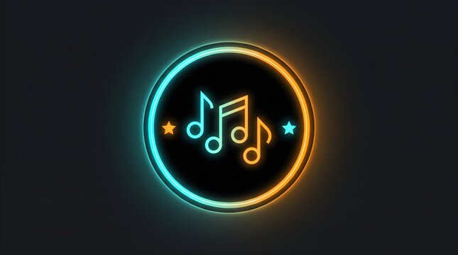 Neon music notes icon in glowing circle, vibrant blue and orange musical symbols on black background, modern audio entertainment logo design