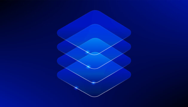 A minimalist digital illustration featuring a stack of glowing blue translucent square layers arranged in a vertical isometric formation against a dark background