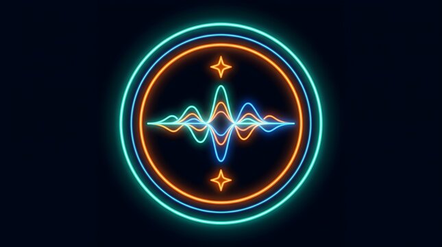 Neon sound wave icon in circular frame, glowing digital audio frequency visualization, futuristic voice assistant interface with orange and blue light