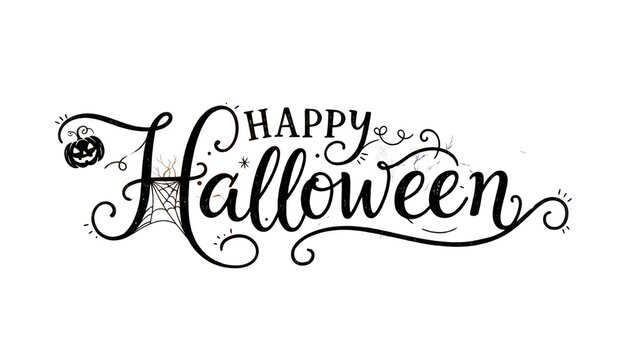 Vintage Happy Halloween hand lettering, ornate calligraphy typography illustration in black ink, holiday greeting design isolated PNG with Transparent Background