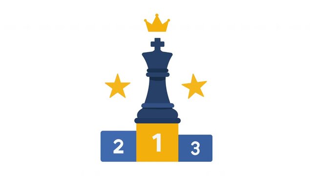 Chess king on winner podium flat vector animation with gold stars, leadership victory and success video concept