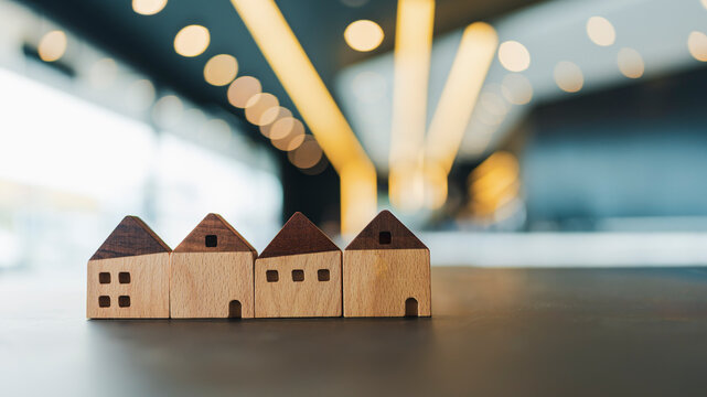 Real estate housing community concept with row of small wooden house models on dark table with soft light bokeh background for property development and mortgage