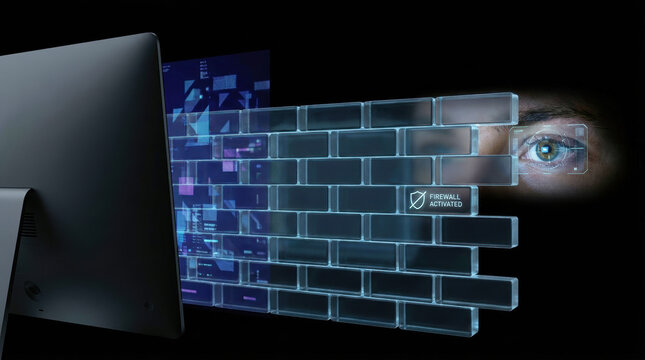 Computer monitor firewall eye privacy concerns data protection cybersecurity digital shield network security