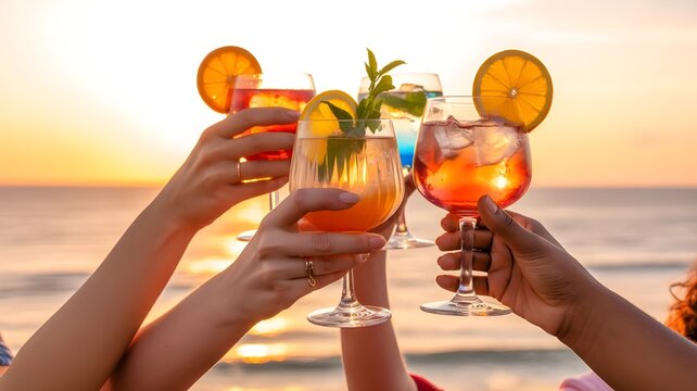Friends toasting with refreshing orange cocktails on the beach during a relaxing summer bank holiday weekend sunset