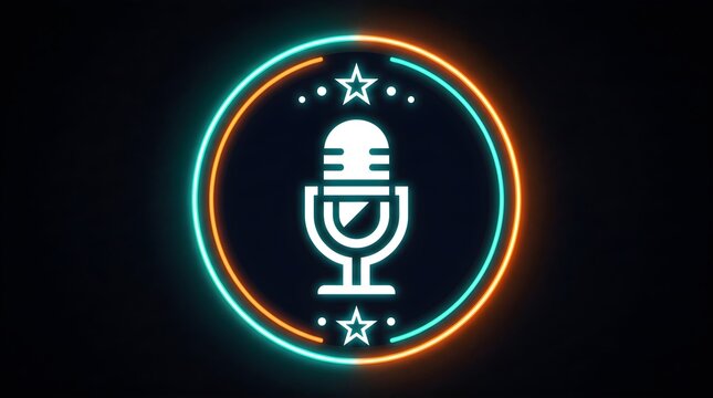 Neon podcast microphone icon in glowing circle, retro radio broadcast logo with stars, vibrant blue and orange light on dark background