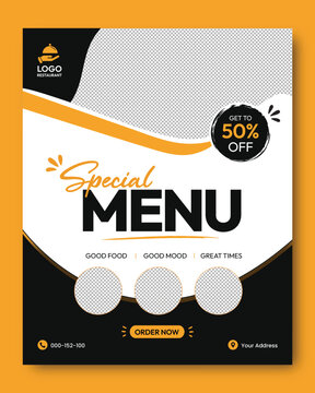 Modern restaurant food menu flyer template with black and yellow layout, special discount offer, promotional poster, fast food menu design, takeaway and delivery advertisement for cafe business