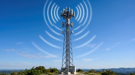 Obraz premium Telecommunications tower on hilltop transmitting wireless signals against blue sky, representing 5G mobile network connectivity, radio frequency transmission and global