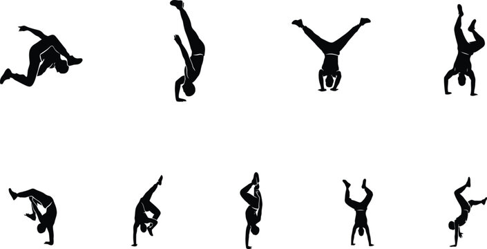 Breakdance Handstand Silhouette Collection with Hip Hop Dance Acrobat Poses Vector Illustration Set