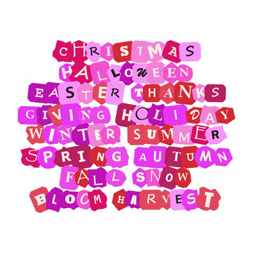 Colorful pixel art calendar set featuring various holiday names and seasonal events in a retro digital font style