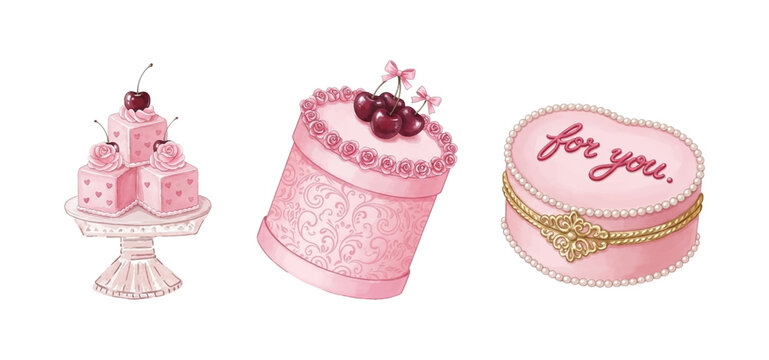 Three Pink Sweet Treats and Gift Boxes with Cherries Roses Hearts and Pearls Celebration Design