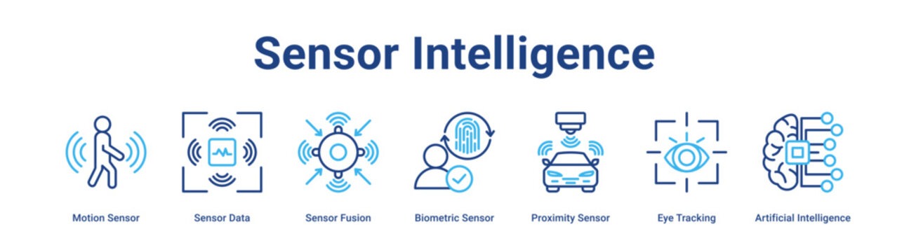 Sensor Intelligence web banner icon vector illustration concept for technology  with icon of Motion Sensor, Sensor Data, Sensor Fusion, Biometric Sensor, Proximity Sensor, Eye Tracking, Artificial.