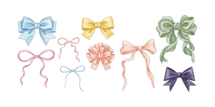 Collection of various colorful bows with flowing ribbons in different styles perfect for decoration