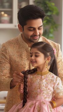Indian Father Braiding Hair of Daughter in Cozy Indoor Setting with Warm Family Moment