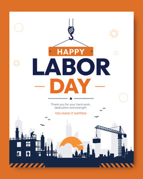 Happy Labor Day celebration poster with construction worker silhouette, crane, city skyline and modern typography, industrial appreciation banner for workforce recognition, vector template