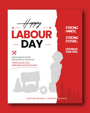 Happy Labour Day poster template with construction worker, builder tools, modern red typography and industrial appreciation design for workforce celebration vector
