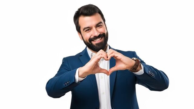 A handsome bearded man in a suit making a heart shape with his two hands