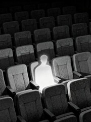 Fototapeta premium Glowing transparent silhouette of person sitting alone in dark empty cinema theater among rows of unoccupied seats shows loneliness and unique individual concept