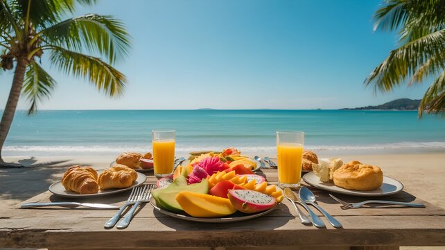 A delicious tropical breakfast served on a wooden table overlooking the ocean during a summer bank holiday