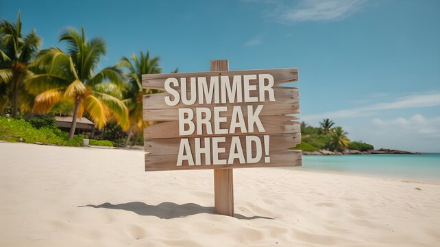 Wooden sign on a tropical beach announcing a summer bank holiday break with palm trees and ocean