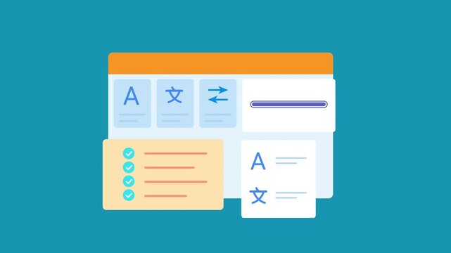 Flat vector animated language translation dashboard featuring multilingual text, translation tools, document processing, and workflow interface. Ideal for localization, communication, and technology m