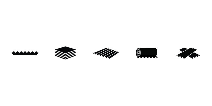 Collection of black silhouette featuring various corrugated metal roofing sheets and construction for building and architecture