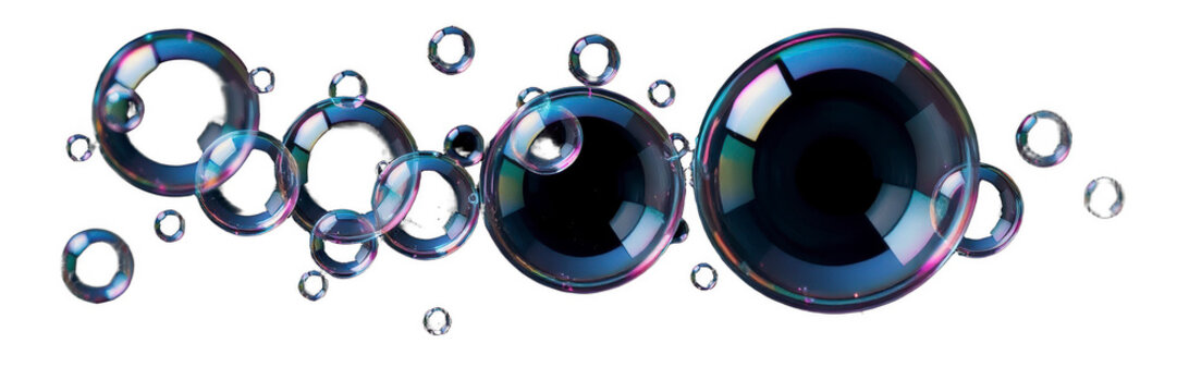 Floating transparent soap bubbles on black background