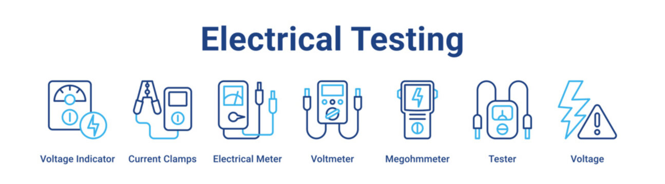 Electrical Testing web banner icon vector illustration concept for technology with icon of Voltage Indicator, Current Clamps, Electrical Meter, Voltmeter, Megohmmeter.